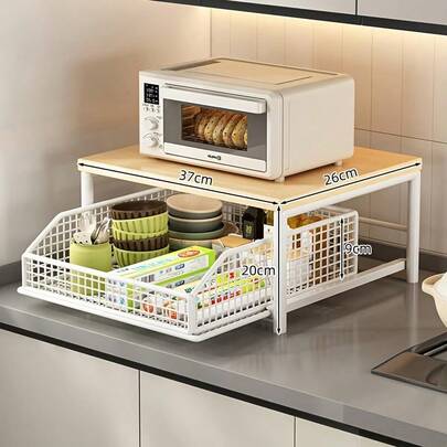 Modern Kitchen Microwave Oven Rack Storage Organizer - With 2 Drawers - Sturdy Solid Wood And Metal Construction, Space-Saving Countertop Storage Rack For Appliances, Utensils, Dishes, Stylish Design