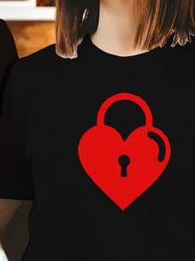 Camisetas A Juego Para Él Y Ella - Estiloso Gráfico De Corazón, Llave Y Candado, Ajuste Cómodo Casual, Camisetas De Manga Corta Y Cuello Redondo Para Hombres Y Mujeres, Perfectas Para Atuendos De Verano - Negro, Mujer - Ver 6