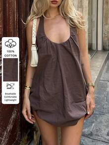 女士纯棉荷叶边泡泡下摆吊带V领露背性感夏季吊带连衣裙派对优雅 - 棕色 - 查看 1