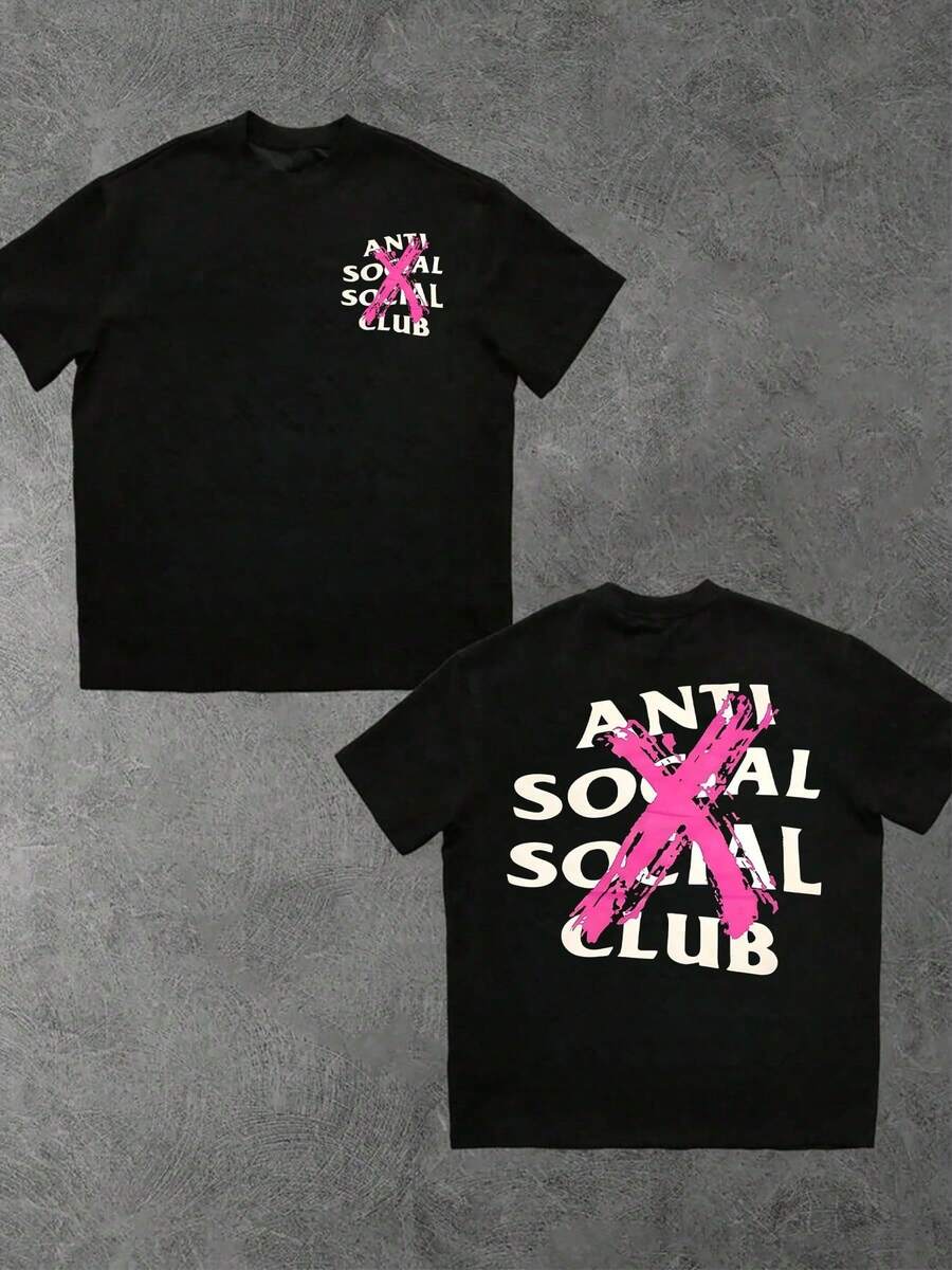 1 pieza Camiseta de hombre 100% algodón con estampado digital a doble cara con diseño de logotipo rosa X - Negro - Ver 1