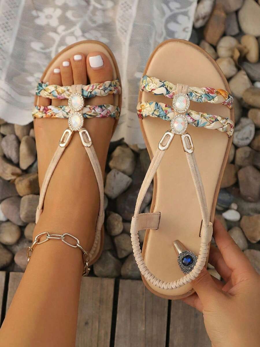 Women's Beaded Roman Bohemian Style Orange Flat Sandals For Beach Holiday Shoes  Sandals,Orange Floral Braided Sandals,Boho Floral Strappy Sandals – Women's Square Toe Slip-Resistant Comfort Summer Shoes For Beach & Vacation,Women's Flat Sandals With Ankle Chain – Soft Braided Comfort Slides For Casual Outfits & Date Nigh - 298-8 - 查看 1