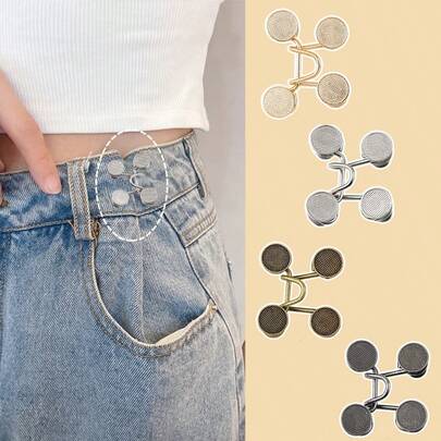 4件装纯色锌合金可调节腰带 - 优雅简约金属牛仔裤纽扣别针，适用于女士裤子，耐用腰部调节器，无需缝纫即可快速贴合，女士腰部配饰，适合全年日常穿着