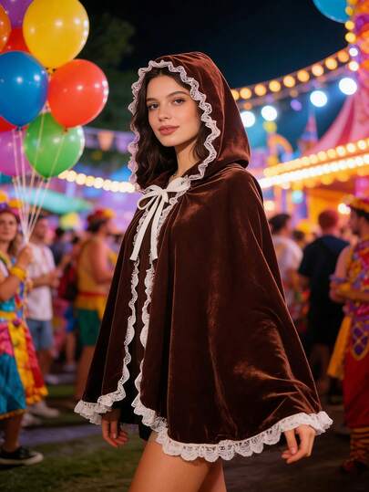 Retro Fairy Tale Carnival: Velvet Little Red Riding Hood Cloak, White Lace/Black Ribbon Dual Design, Recreating Classic Romance Amidst Colorful Neon Lights And Fluttering Confetti.