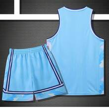 Bộ đồ thể thao bóng rổ cá nhân hóa 2 món - Áo ba lỗ và quần short in tên câu lạc bộ, số và ảnh tùy chỉnh, quà tặng đồng phục cầu thủ bóng rổ, quà tặng bạn gái, tùy chỉnh theo đặc điểm của đội, phù hợp cho tập luyện, thi đấu giải hoặc các sự kiện giao hữu. - Màu xanh nhạt - Xem 3