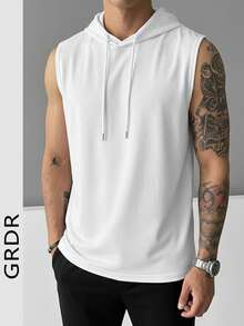 GRDR Men's Summer Casual Solid Color Drawstring Hooded Tank Top - White - View 3