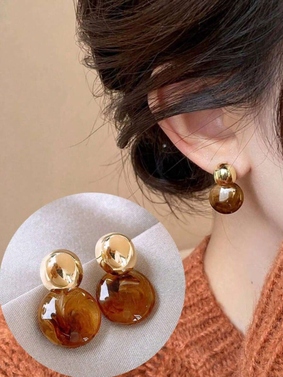 Maillard Tie Dye Circular Hong Kong Style Elegant Earrings For Women, New Luxury Earrings - Brown - View 1