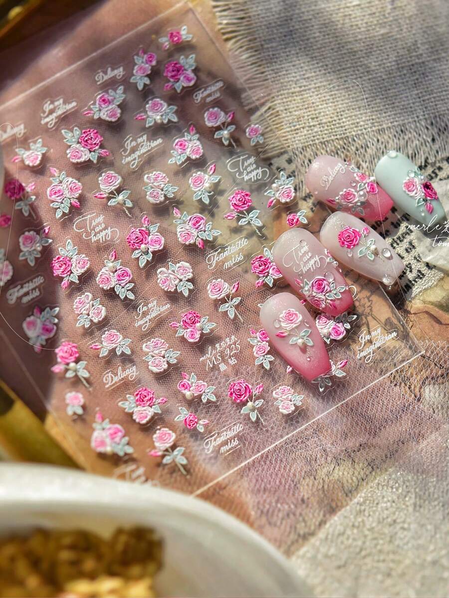 1 Sheet 5D Embossed Rhinestone Nail Stickers, Fresh Style Red Rose Pattern Self-Adhesive Manicure Decals For Girlfriend Valentine's Day Gift - Multicolor - View 1