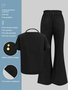 Solid Color V-Neck Short Sleeve Top And Split Leg Pants, Lab/Nurse/ Scrub Uniform Set With Pockets, Suitable For Veterinary Clinics, Hospitals, Private Care Spring Black - Black - View 2