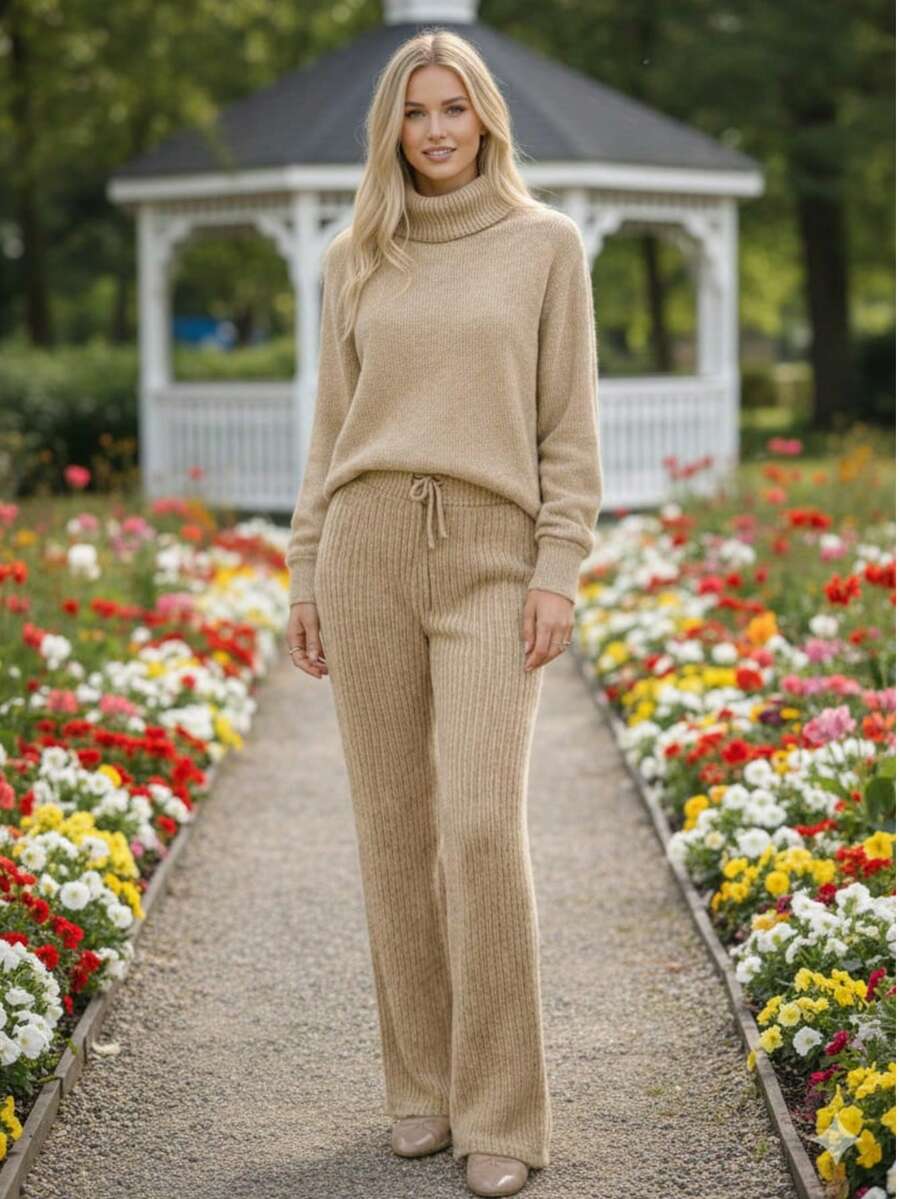 Cacharrel Mousse Knit Turtleneck Top And Trousers Set - Beis - Ver 1
