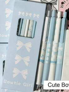 4pcs Cute Retractable Bowknot Neutral Pens, 0.5mm Fine Tip, Smooth Black Ink, Office & Study Supplies, Cartoon Style Blue Cute La, First Day Of School - Multicolor - View 10