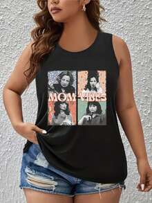 Women'S Plus Size Mom Vibes Graphic Tank Top - Elegant, Oversized, Crew Neck, Stretchy Fabric, Perfect For SpringSummerFall, Casual & Stylish, Casual Summer WearMom Vibes PrintSlight Stretch Material, Plus Size Tank Top - 黑色 - 查看 1