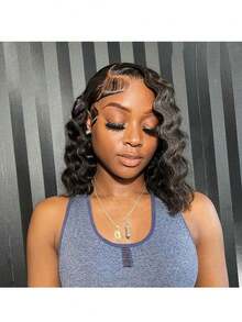 【深波浪波波头假发】蕾丝前假发，真人发，13x4卷发，200%密度，13x4深波浪波波头蕾丝前假发，预先拔毛，带婴儿发，深波浪短假发，女士款，波波头假发，真人发，13x4深波浪蕾丝前假发，女士款，短款波波头假发，自然发际线，无胶假发，真人发，预先拔毛，适合生日派对、毕业典礼、婚礼、度假等场合，打造您心仪的迷人造型 - SNatural - 查看 5