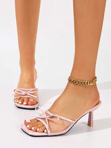Sandalias de tacón alto con punta cuadrada, malla transpirable y punta abierta para mujer. Sandalias de diapositiva con tacón de aguja y lazo minimalistas y versátiles para el verano - Red simple con cabeza cuadrada de color rosa claro - Ver 7