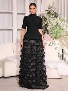 Elisanya 新款奢华珍珠点缀性感露肩长袖仿羽毛装饰绷带连衣裙，适合婚礼、正式场合、派对、晚礼服 - 黑色 - 查看 1