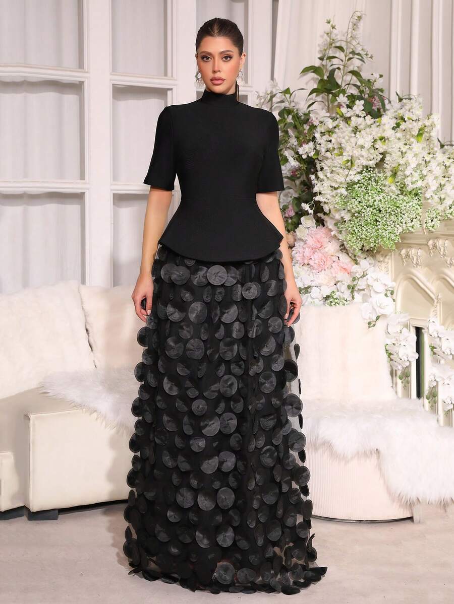 Elisanya 新款奢华珍珠点缀性感露肩长袖仿羽毛装饰绷带连衣裙，适合婚礼、正式场合、派对、晚礼服 - 黑色 - 查看 1