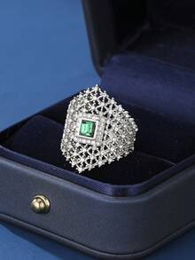 一对闪亮几何戒指，镶嵌方形绿色立方氧化锆，时尚银色指环，女士奢华珠宝 - 戒指 - 查看 8