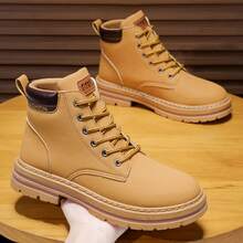 Men's Casual Fashion Street Commute Versatile Vacation Style Lace-Up High-Top Leather Riding Boots - Yellow - View 2
