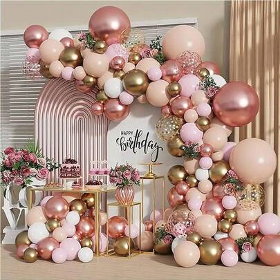 110Pcs Rose Gold Balloon Garland Kit, Nude Pastel Pink Metallic Gold Matte White Balloons Gold And Rose Gold Confetti Balloons For Wedding Bridal Shower New Year Party Girl Birthday Decorations