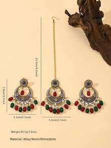 3pcs/Set Glamorous Bollywood Luxury Style Maang Tikka Jewelry Set,Including Earrings&Hair Chain,Rhinestone Decorated Bridal Jewelry Accessories Suitable For Women's Wedding Wear,Ramadan,Daily Or Festival Gift - Pendant Type - View 8