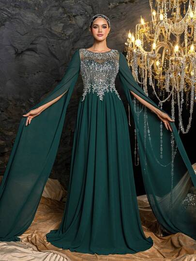 Faeriesty Elegant Round Neck Crystal Embroidered Evening Gown: Crystal Beaded Gown With Shawl, Bell Sleeves, Backless Design, Floor-Length Flared Dress, Exquisite Embroidery - Ideal For Chandelier-Themed Wedding Photography, Grand Banquet Weddings, Romantic Anniversary Portraits, Formal Dinner Events, Crystal Cave-Themed Pre-Wedding Shoots Party