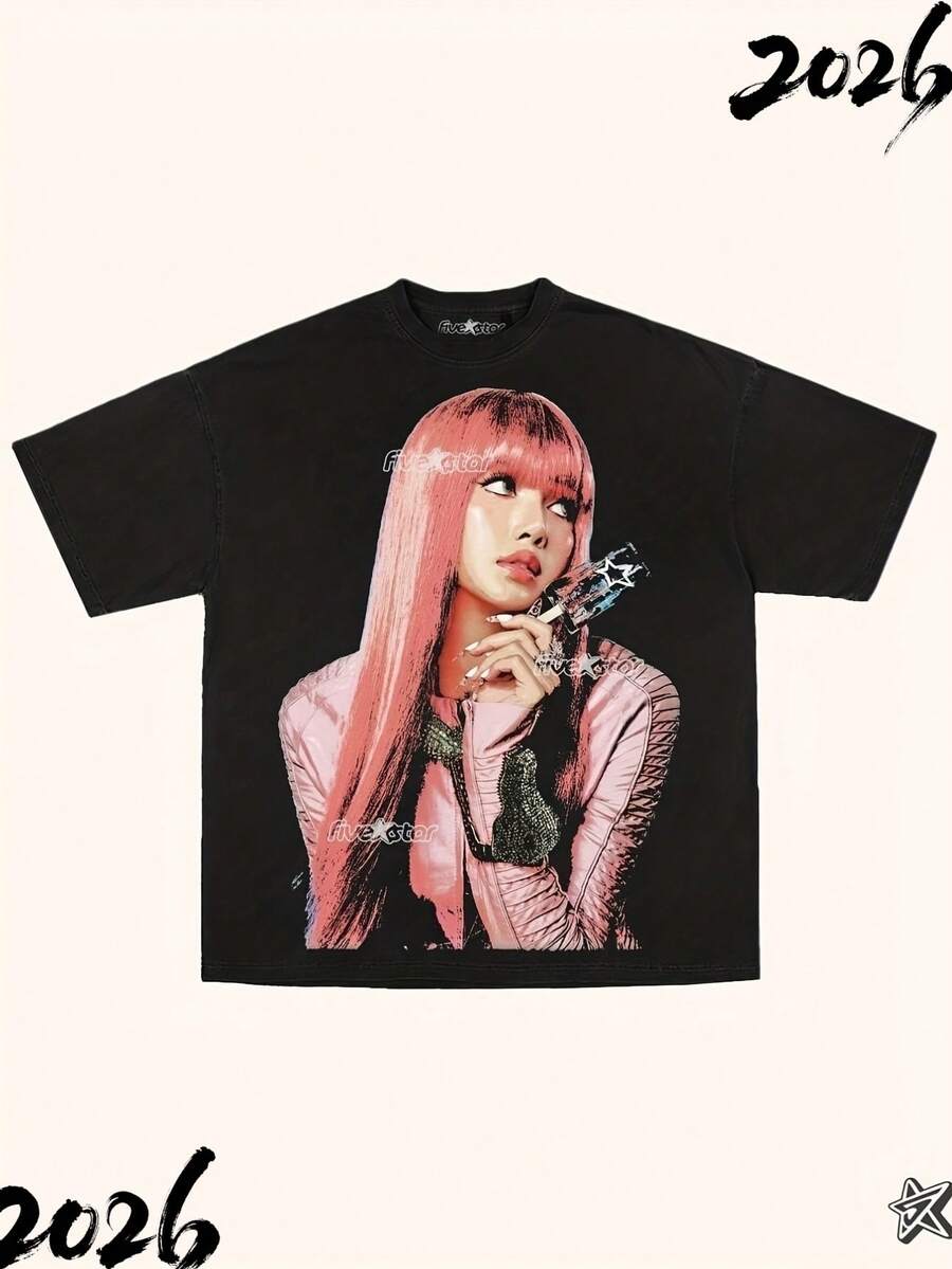 LISA SHIRT Graphic Print T-Shirt  Regular Fit Lack With Pink Artwork, All-Season Casual Wear, Ideal For Valentine's Day, - màu đen - Xem 1