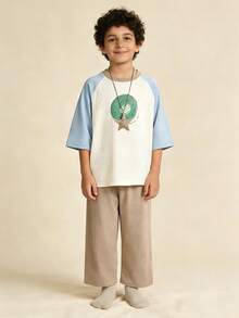 mini bala 男童纯棉甜甜圈印花撞色插肩袖上衣和七分裤睡衣套装（2件套） - 灰藍 - 查看 2