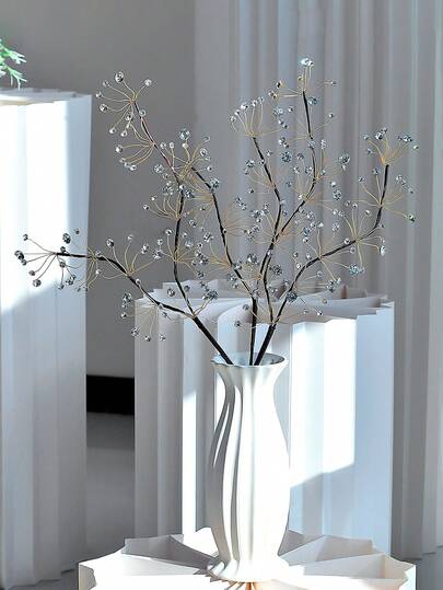 1件闪亮银色水钻仿真花时尚金属丝枝形人造花束DIY人造花卉摆件创意手工艺术品节日宴会花园家居餐厅装饰摆件