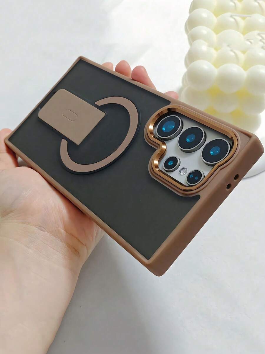 1pc Luxury Magnetic Wireless Charging Case With Stand, Matte Finish, Compatible With Samsung S23/S24/S25 Ultra Plus; Shock-Absorbing Soft Bumper Metal Camera Protective Case Compatible With IPhone 17/17 Pro Max, 16/16 Pro Max, 15/15 Pro Max, 14/14 Pro Max, 13/13 Pro Max - Desert Gold - View 1