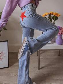 American Star Print Flare Jeans For Women,High Waisted Star Patchwork Stretch Denim Pants,Vintage Bootcut Y2K Streetwear Trousers Spring Clothes - 淺藍色 - 查看 5