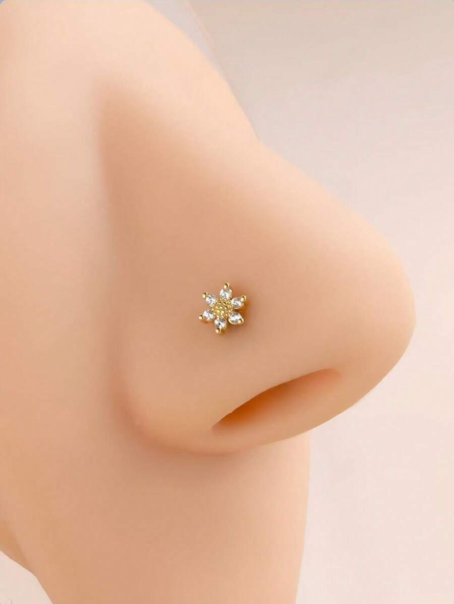 1pc Golden Flower Nose Stud, Suitable For Daily Wear - Yellow Gold - View 1