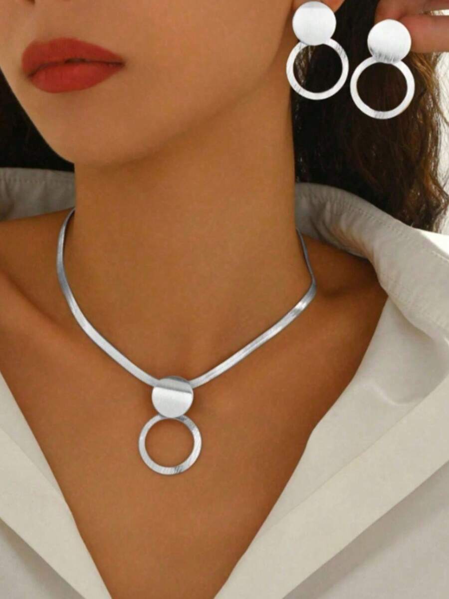 3件套优雅简约几何项链耳环首饰套装，欧美风格 - 銀色 - 查看 1