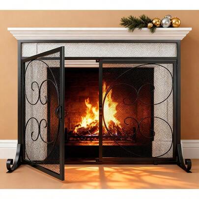 Fireplace Screen With Hinged Doors Magnetic 2 Panels Sturdy Steel Frame Durable Metal Mesh Decorative Free Standing Fireplace Spark Guard Black