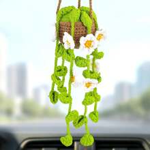 Crochet Plant Hanging Basket For Car Rear View Mirror Decor, Polyester, Light Green, Durable, Handmade, Cute Interior Aesthetic, Gift For Women - 粉紅色 - 查看 15