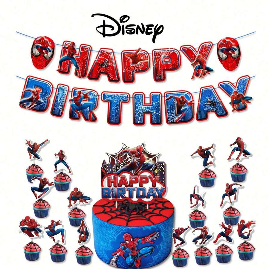 31件套卡通蜘蛛主题蛋糕装饰套装，包括蛋糕装饰牌和横幅，采用酷炫的红色和蓝色动态蜘蛛设计，适合生日派对和其他庆祝活动，可为蛋糕和派对场所增添超级英雄氛围，营造生动的庆祝场景。 - 彩色 - 查看 1