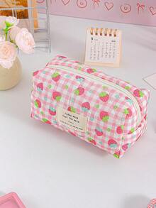 1件/套粉色格子草莓图案绗缝大容量女士化妆包，旅行化妆包，女孩化妆品收纳包，化妆包护肤包洗漱包，卫生棉条收纳包卫生巾收纳包，可收纳口红、化妆刷、护肤品、手机、零钱、小物件，适合居家、旅行、度假和上学使用，也可作为婚礼伴娘礼物、妈妈礼物、生日礼物、朋友礼物等。化妆品收纳洗漱旅行包 - 彩色 - 查看 8