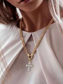 Nooxian 1pc Fashionable Exaggerated Gold Thick Flat Chain Necklace With Cross Cubic Zirconia Pendant For Women - Yellow Gold - View 7