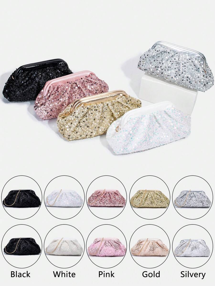 1个女孩新款时尚亮片优雅晚宴包，蕾丝花朵串珠链条单肩斜挎包，青少年单肩包，手拿包，晚宴包，链条包，零钱包，钱包，适合日常、派对、旅行，理想的礼物 - 彩色 - 查看 1