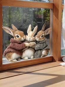 1pc 11.8 Inch New Easter Funny String Art 3 Cute Rabbits Single Layer Double-Sided Visible Fiber Optic Holiday Decoration Window Sticker, Easter Room, Bedroom Decor Sticker - Multicolor - View 1