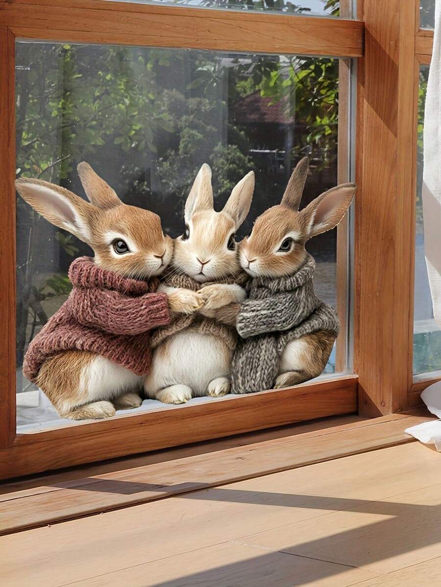 1pc 11.8 Inch New Easter Funny String Art 3 Cute Rabbits Single Layer Double-Sided Visible Fiber Optic Holiday Decoration Window Sticker, Easter Room, Bedroom Decor Sticker - Multicolor - View 1