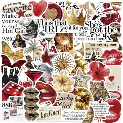 50张/包 金色幸运女孩贴纸，适用于滑板、吉他、行李箱、笔记本电脑、手机壳装饰 DIY涂鸦贴纸