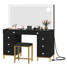Makeup Vanity Set With 3 Color Lighted Mirror & Charging Station & Stool, Modern Vanity Desk Dressing Table With 9 Drawers & Magnifying Glass For Bedroom For Women Girls,Black - 查看 2