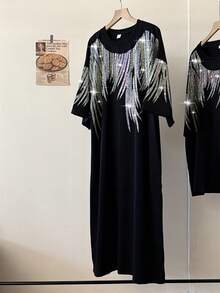 Shiny Black Plus Size Women's Midi Dress - Geometric Rhinestone Pattern Short Sleeve Loose Fit With Pockets Casual Summer Party Wear Fashionable Relaxed Style Polyester Fabric Plus Size Dress - 黑色 - 查看 5