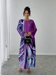 1件女款長袖花卉印花拼接色長洋裝，寬鬆優雅休閒度假禮服，假日派對正式洋裝，適合秋季 - 紫色 - 查看 4