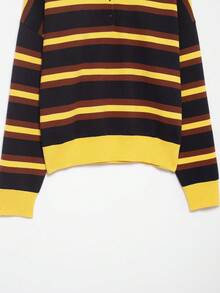 Women's Vintage Striped Polo Sweater Long Sleeve Color Block Knit Pullover Top Spring - Yellow - View 7