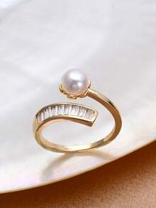 1pc 18K Gold Plated Natural Pearl & Cubic Zirconia Open Ring For Women - Arc 1 - View 5