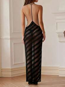 Vestido ceñido transparente con espalda descubierta y abertura (los guantes no están incluidos) - Negro - Ver 5