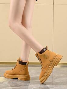 女士棕色工装靴，建筑靴，防滑牛仔靴，适合各种日常活动（保暖内衬，更加温暖），时尚又保暖（尺码偏小，脚宽者请选择大半码） - 黃色(內裡加絨) - 查看 9