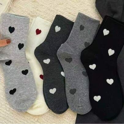 1/4/5双装女士中筒袜，透气爱心图案设计，优雅心形面料，柔软情侣袜，舒适女士休闲袜