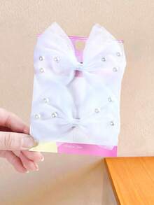 4pcs/Set Fresh Pink & White Mesh Bow Pearl Hair Clips, Essential For Back To School - Suitable For Girls And Women, Light Pink & White, Match Various Outfits, Daily Wear, Dates, Photo Shoots, Effortlessly Adds Cute And Elegant Touches - Multicolor - View 5