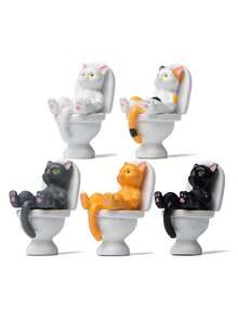 1PC Cartoon Cute Little Cat Figurine Sitting On The Toilet To Cover Its Belly Mini Desktop Landscape Figurine Suitable For Placement In Bedrooms And Tabletops - Multicolor - View 4